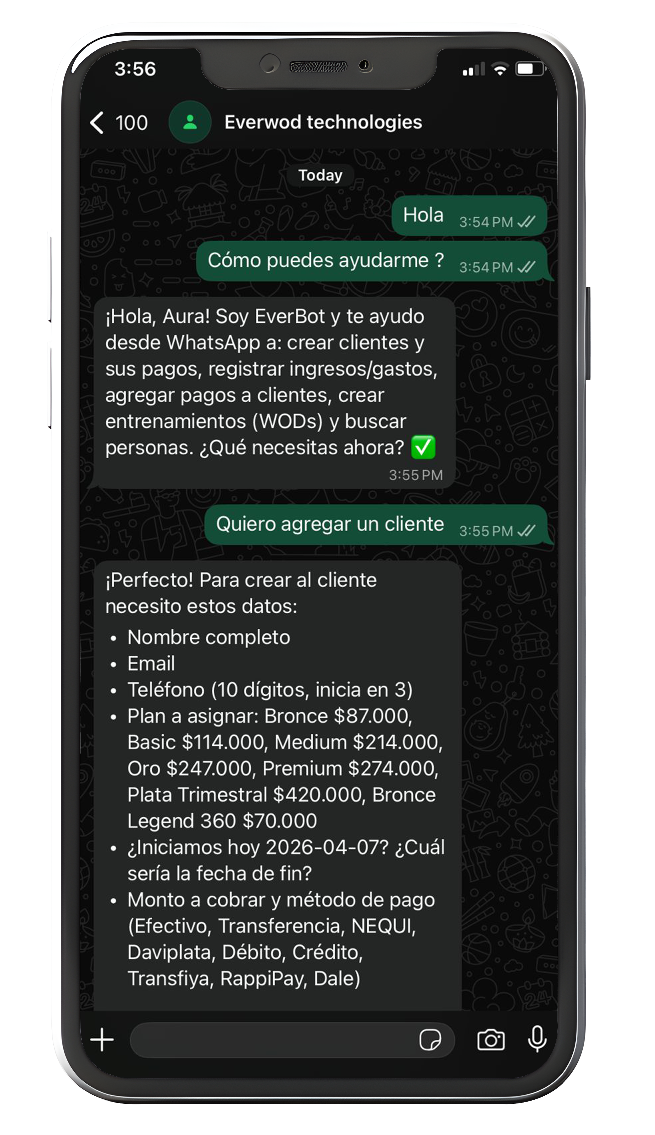 Panel del negocio gestionado desde WhatsApp
